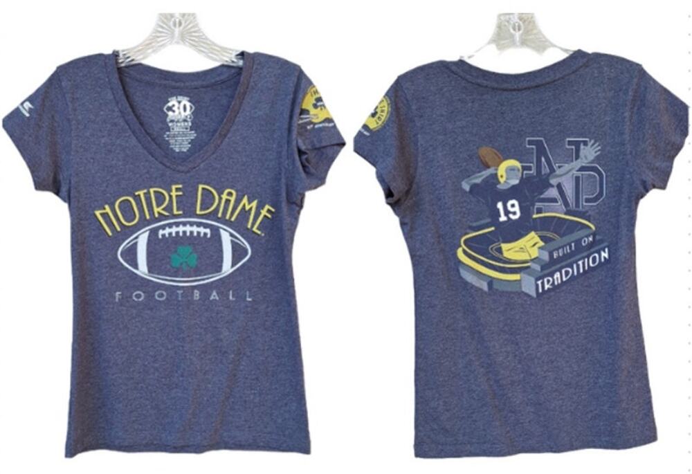 Notre Dame Football Womens T shirt Tee V neck 30 Years Size S Blue Gold Shamrock